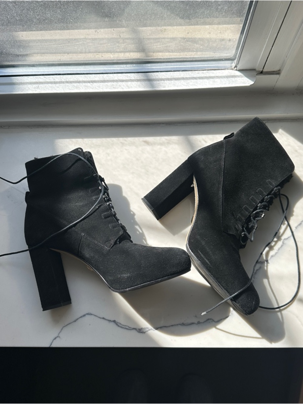 DVF Black Suede Lace-Up Ankle Boots with Shearling Interior